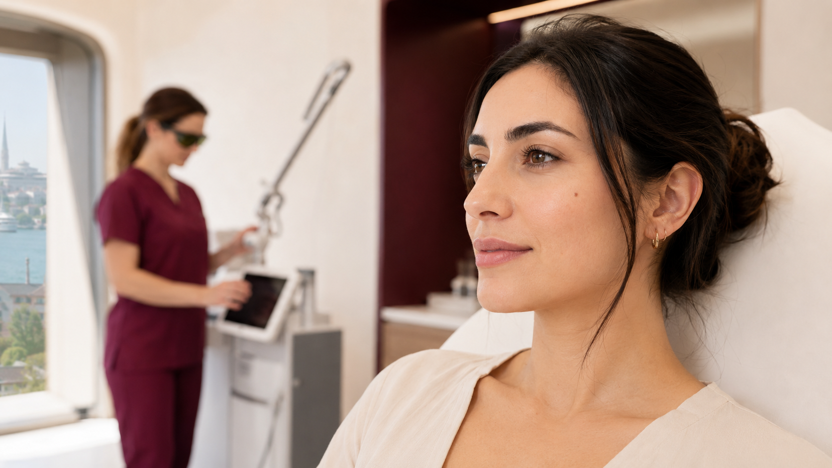 Modern klinikte lazerle ben aldırma öncesi değerlendirmeye hazırlanan danışan